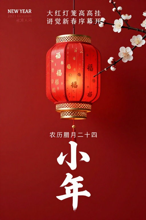 中式新年红韵：灯笼与梅枝的典雅贺岁