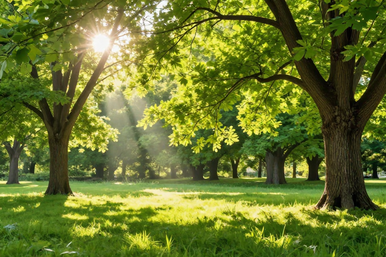 阳光穿透绿林:清新自然光影摄影