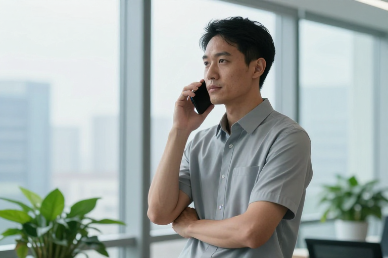 专注沟通：现代职场男士商务通话瞬间