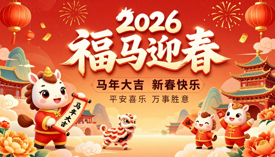 2026春节福马迎春海报，中国风插画喜庆设计