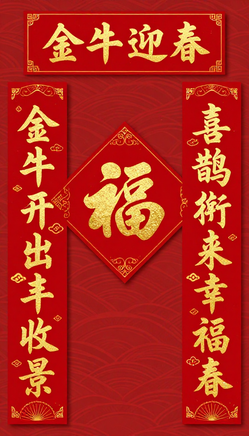 金牛迎春福满门:传统中国风春节对联设计