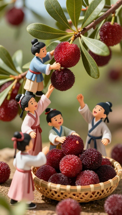 童趣汉服小人们采摘成熟杨梅的瞬间