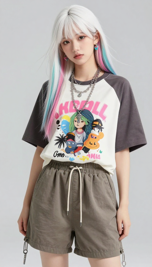青春嘻哈少女:彩色挑染T恤街头风特写