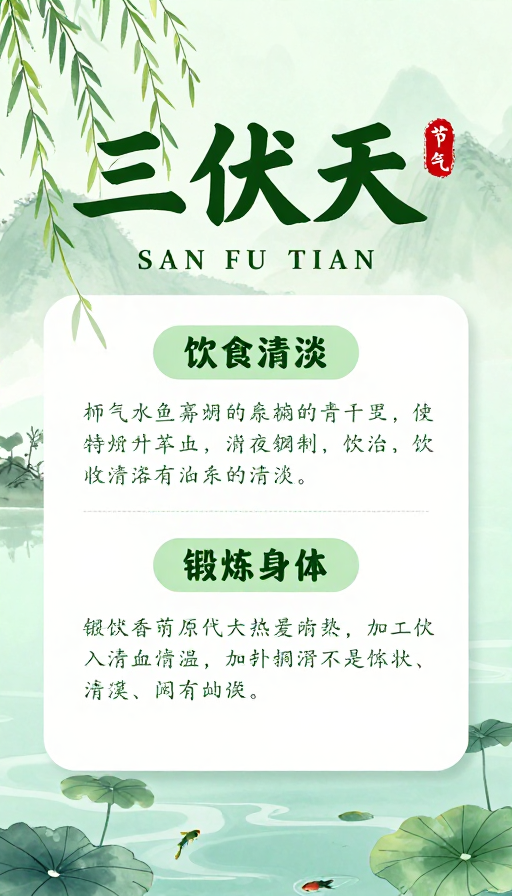 水墨青绿·三伏天节气养生海报