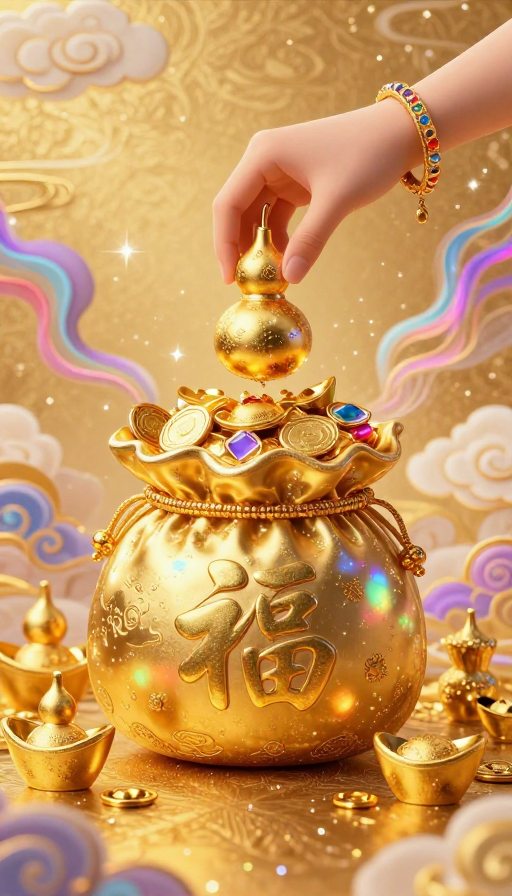 福运招财:金色吉祥葫芦与元宝的华丽画卷