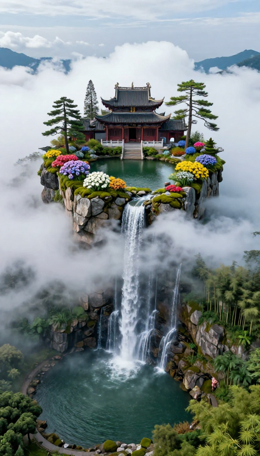 云端道韵：青苔石花与绝美瀑布的仙境画卷