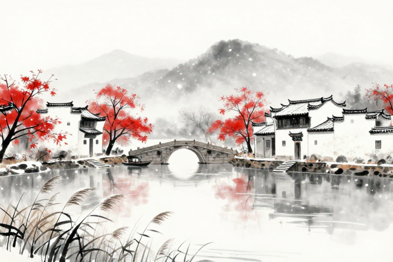 水墨江南雪韵：古桥红枫诗意画卷