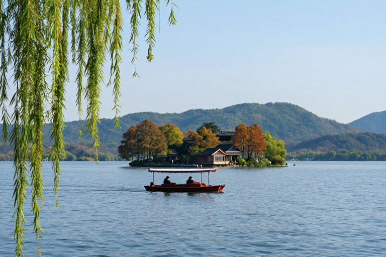 秋景湖心红舟行：清新自然文旅风光