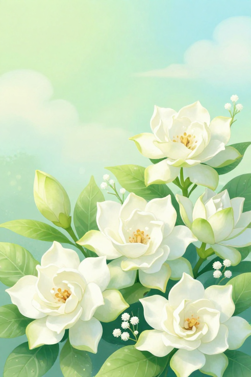 栀子花梦幻插画:柔和光影下的童话花园