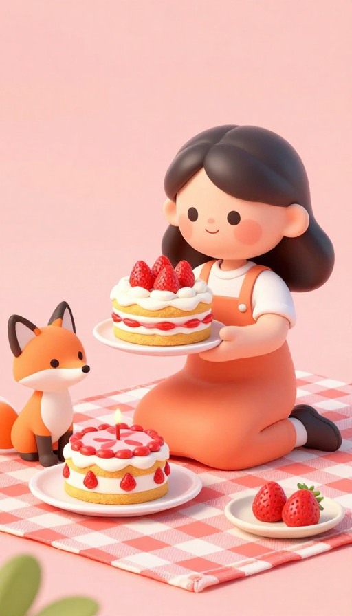 3D野餐分享:粉红少女赠小狐草莓蛋糕