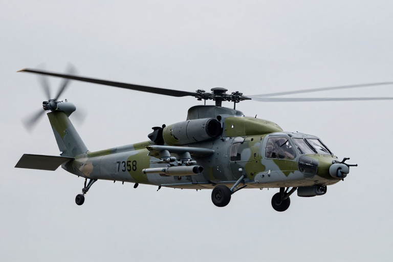 灰绿迷彩武装直升机阴空飞行高清实拍