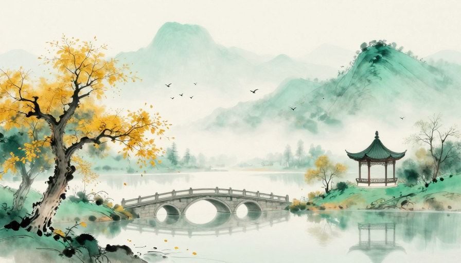 青绿秋韵水墨山景:留白意境的东方诗意画卷
