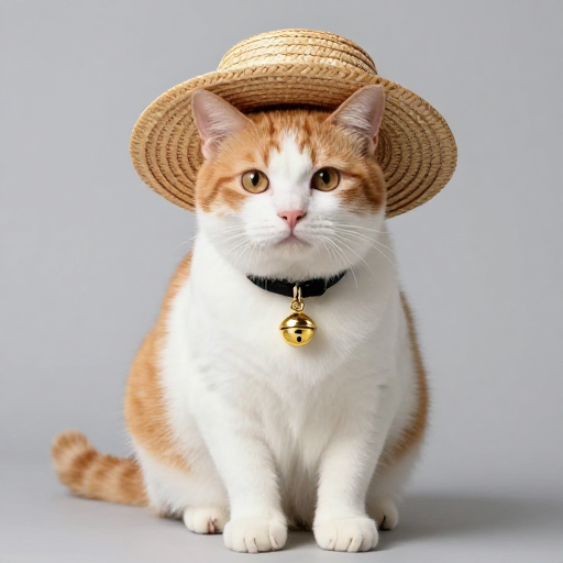 萌态橘白猫戴草帽，高清商业摄影