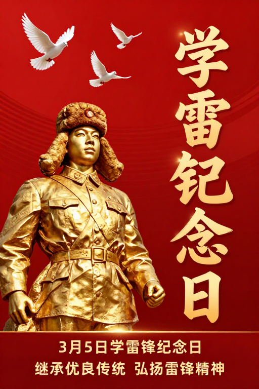 雷锋纪念日金红浮雕海报 庄重纪念