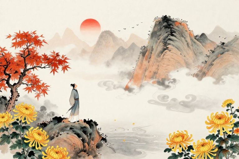 秋日文士墨韵:留白意境山水