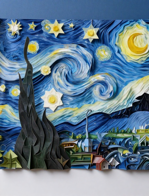 折纸艺术重构《星月夜》：立体剪纸星空与乡村夜景