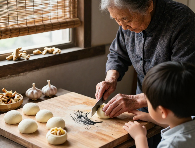 姜蒜嵌玉馒头,枯笔绘暖冬