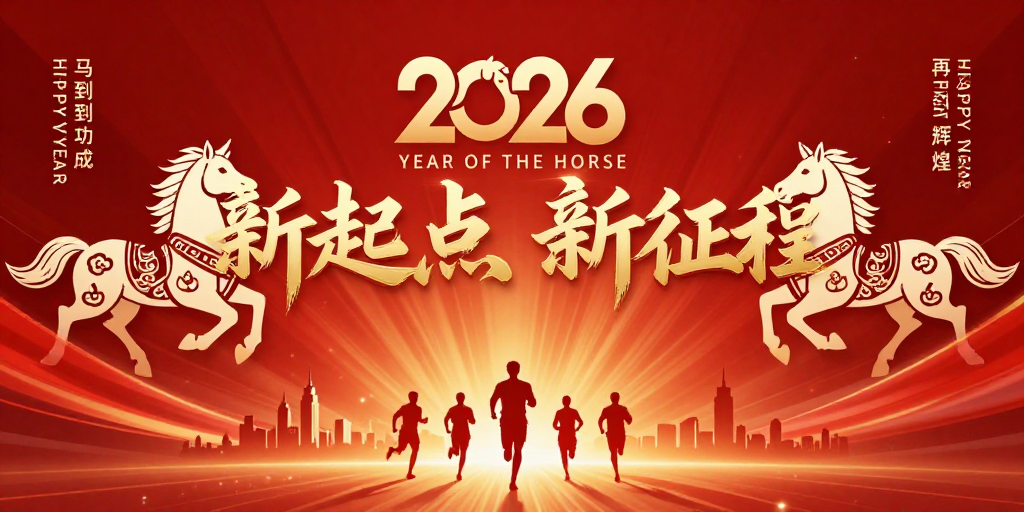 2026企业年会海报:新起点新征程,马到功成再辉煌