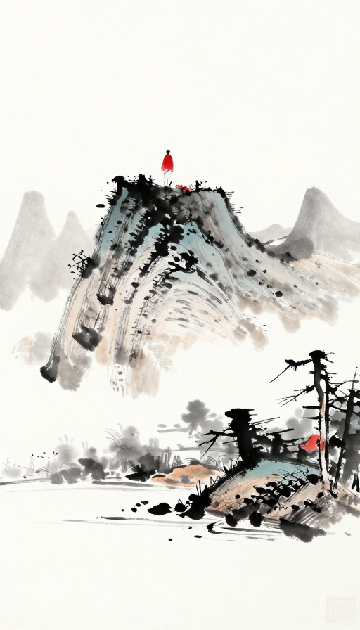 飞笔水墨山水人 红黑白留白意境