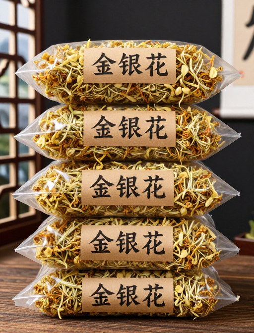 透明袋装金银花展示:自然纯净品质保证