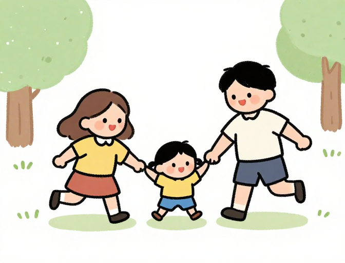 温馨手绘：一家三口快乐时光的治愈插画
