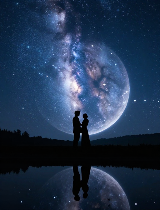 星河恋曲:爱心星辰下的牛郎织女背影