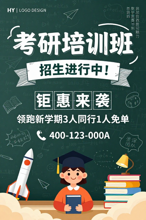 手绘风考研培训海报：学术氛围浓厚，招生进行中