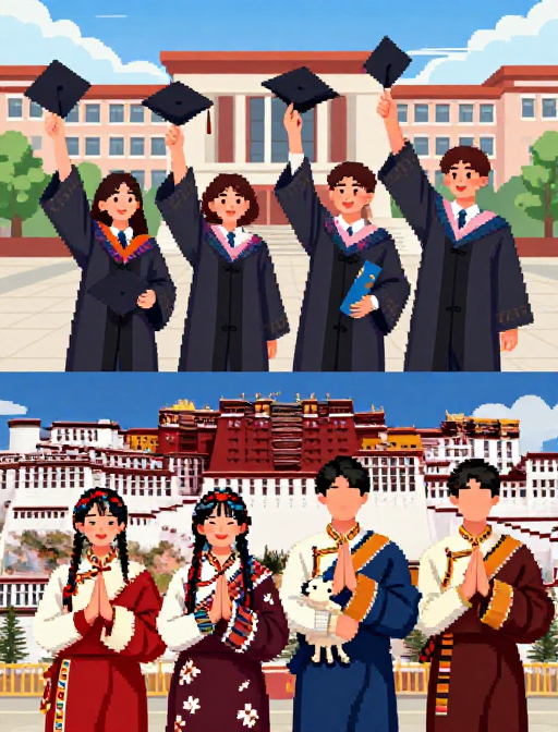 像素风插画：校园毕业与西藏之旅