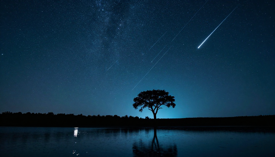 静谧夜空：星河与孤树倒影的诗意画卷