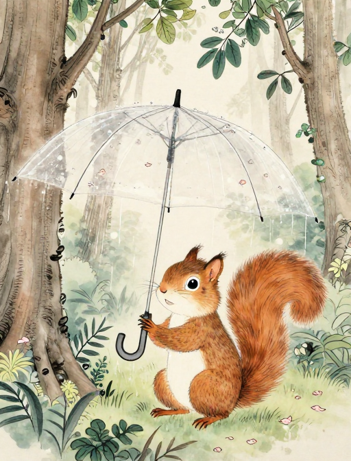 雨滴轻吻森林：拟人松鼠持透明花伞的工笔画
