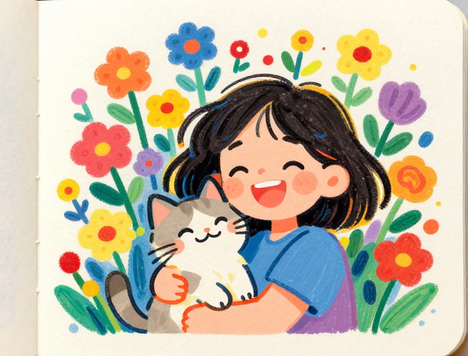 童趣笑映花海：女孩与猫咪的油画笔触瞬间