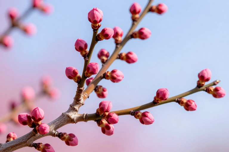 早春梅枝逆光特写：粉嫩花蕾与渐变天空的诗意交融