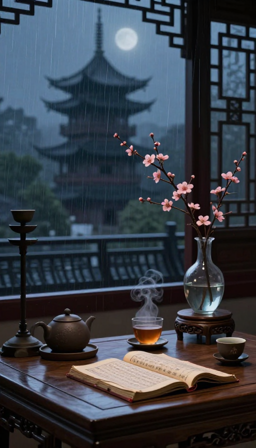 雨夜古塔书茶静照