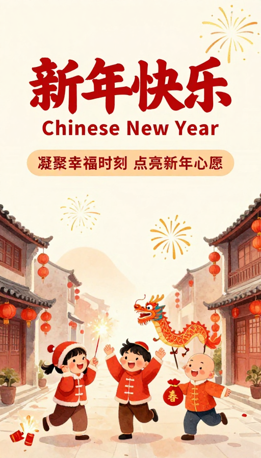 暖调手绘中国新年贺卡：童趣与喜庆交织