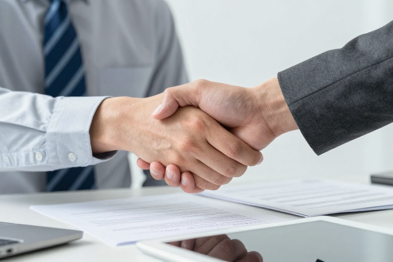 商务握手特写：冷调光影下的专业合作象征