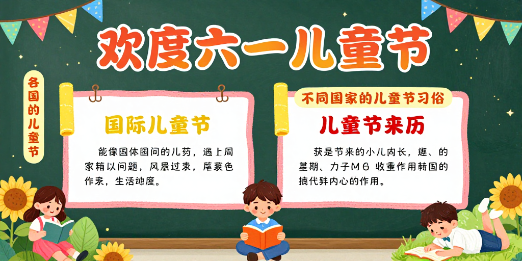 六一儿童节庆祝：黑板背景的多彩童趣氛围