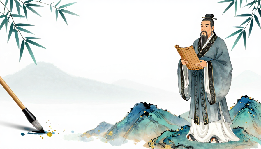 水墨风孔子形象与青蓝山峦的雅致意境