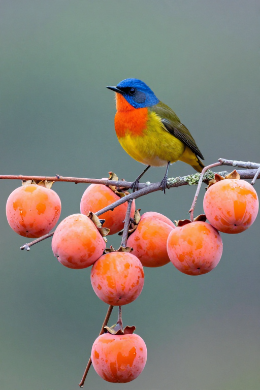 秋日枝头:色彩斑斓的红喉歌鸲栖于柿树