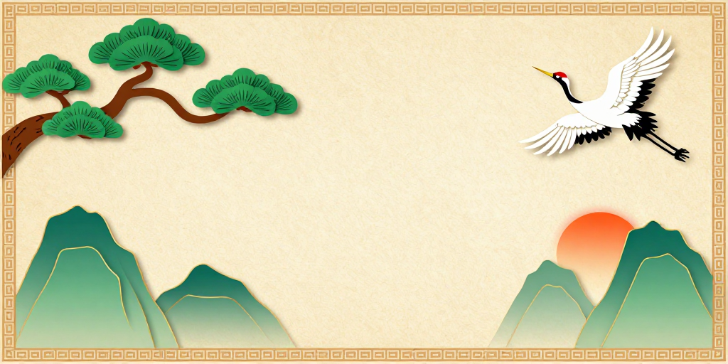 雅致中式剪纸背景:留白意境与山鹤松景