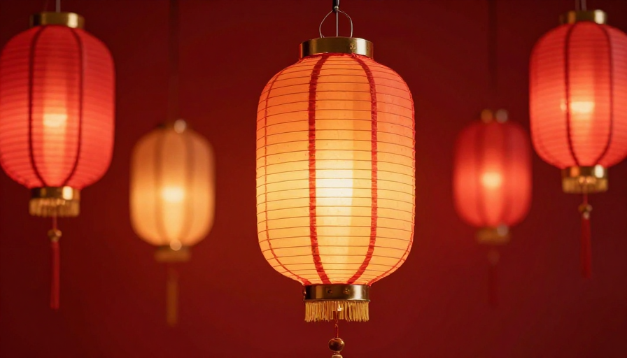 中式红灯笼悬挂深红渐变背景暖光营造节日氛围