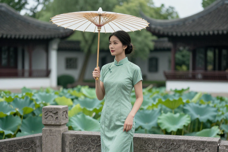 浅绿旗袍与白伞下的江南静美：传统文旅摄影