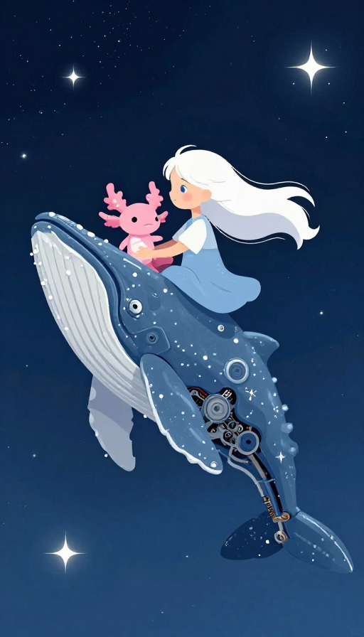 机械鲸鱼悬浮夜空，梦幻绘本风小男孩冒险