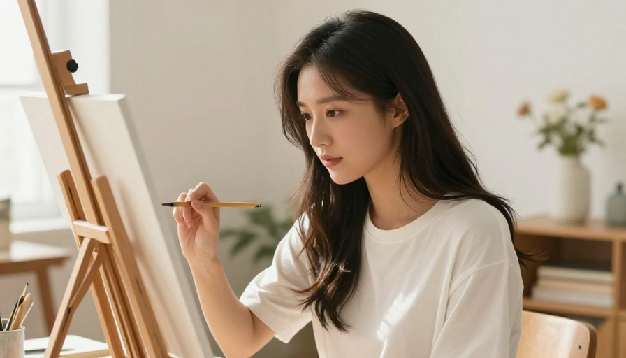 专注创作的美丽女画家摄影瞬间