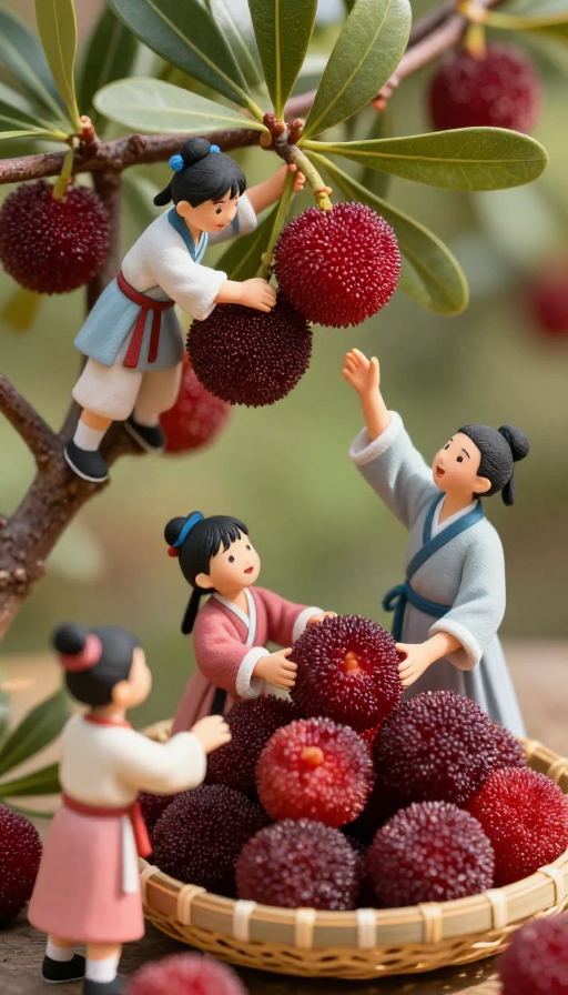 汉服小童采杨梅：微缩光影下的丰收欢愉