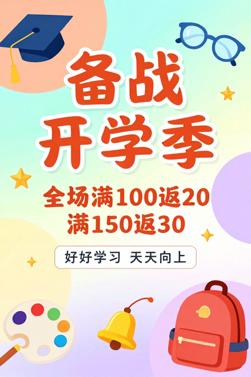 开学季活力促销：童趣马卡龙风校园海报