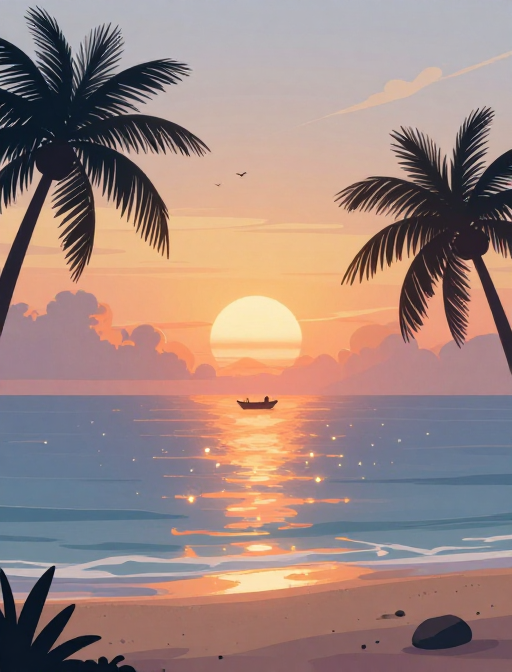 梦幻海上日落:发光水面与孤舟的插画意境