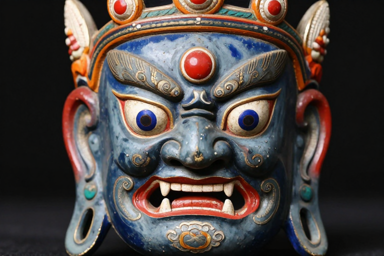 藏传佛教护法神面具特写：红蓝彩绘与威严表情