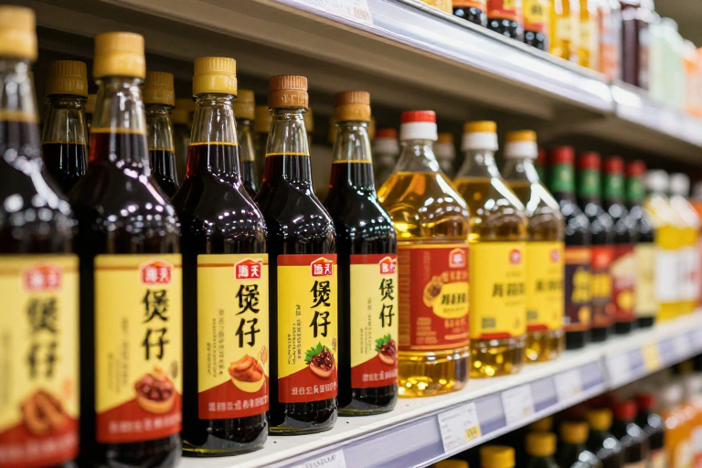 海天酱油与调味品高清产品展示:明亮货架上的暖光细节