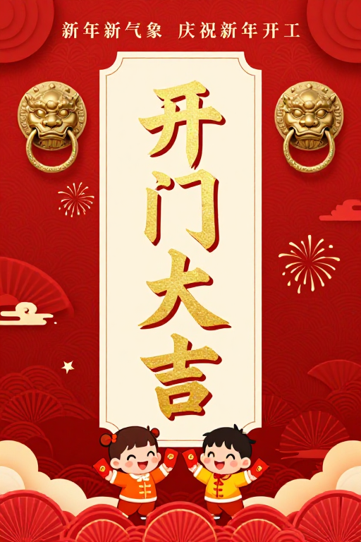 金红中国风新年开工大吉海报