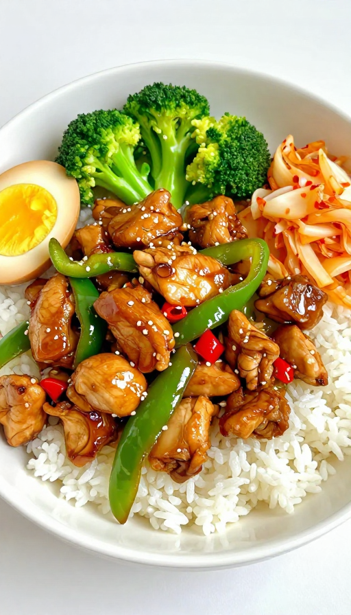 鲜椒鸡盖饭:杭尖椒炒小鸡块配彩蔬